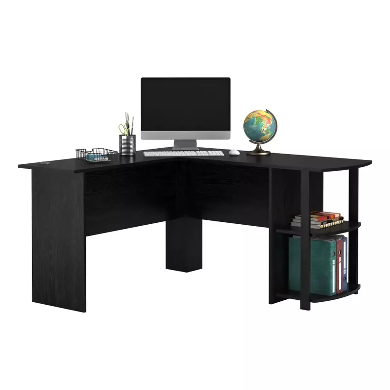 Home Dominic L Desk with Bookshelves, Black Oak  Office Desk  Computer Desk  Home Office  Desk Table