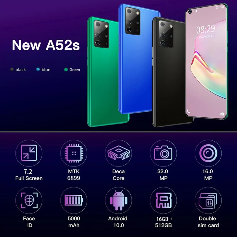 2022New A52s 7.2inch Smartphone 16GB+512GB 5000mAh Phone 16+32MP HD Camera Mobile Phones 5g network smartphone