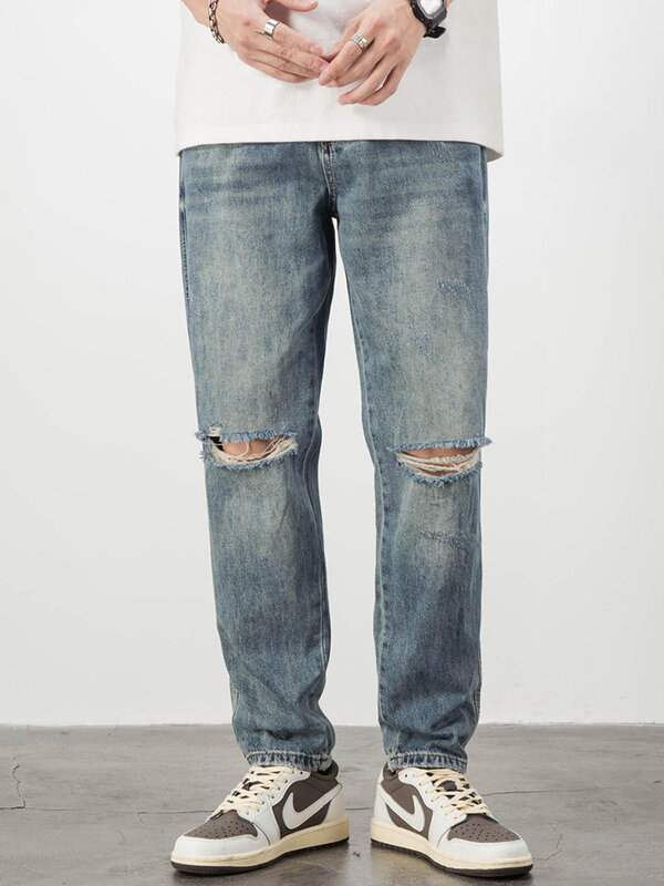 Новинка 2023, рваные мешковатые джинсы, мужские летние джинсовые штаны, уличная одежда, ретро рваные джинсы, хлопковые повседневные Прямые джинсовые брюки