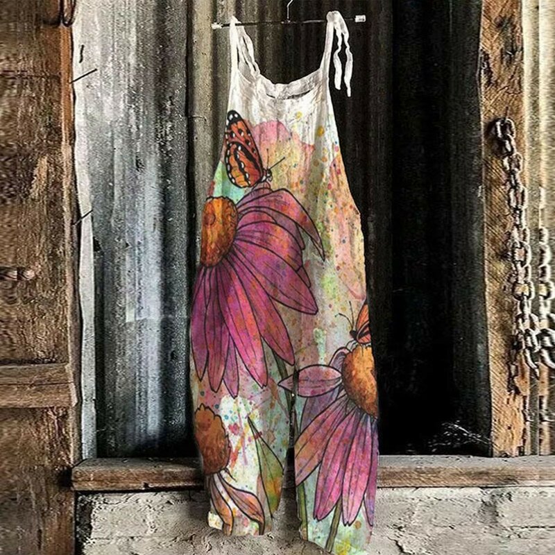Womens Casual Floral Print Adjustable Straps Jumpsuits Wide Leg Loose Fit Homecoming Pants Outfit Junior Linen Loose Jumpsuit