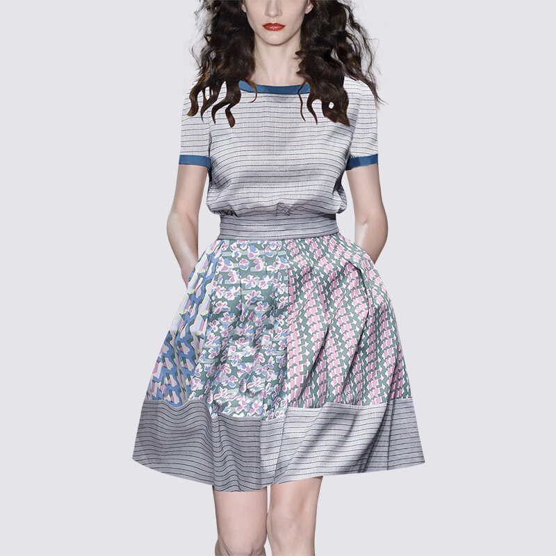 2022 여름 새로운 캐주얼 패션 스트라이프 인쇄 양복 여성 yangqi 나이 감소 높은 허리 하프 바디 스커트 두 조각