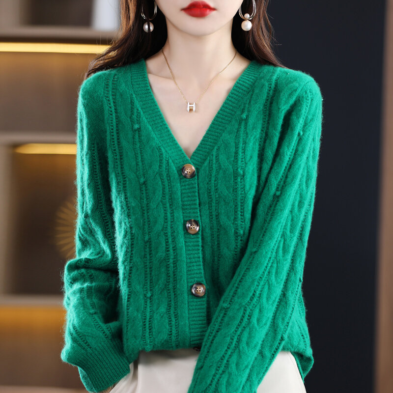 Nowy jesień i zima wełniany sweter damski sweter z dekoltem w kształcie litery v jednolity kolor skręcone z długim płaszcz z rękawami sweter luźne, z wełny z dzianiny na zewnątrz