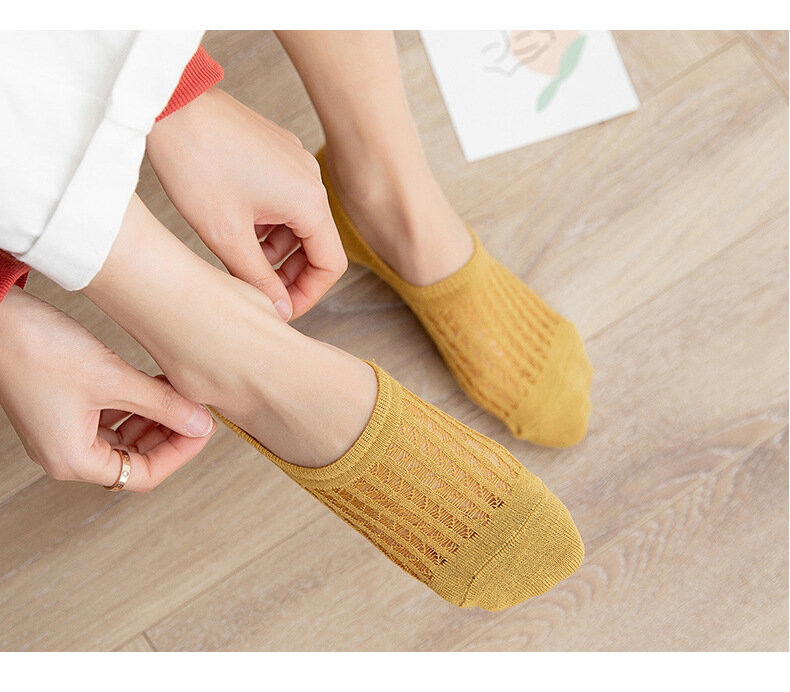 5 pares/set mulheres meias invisíveis verão cor sólida malha baixo corte barco de silicone antiderrapante meias de algodão feminino não mostrar chinelo meias