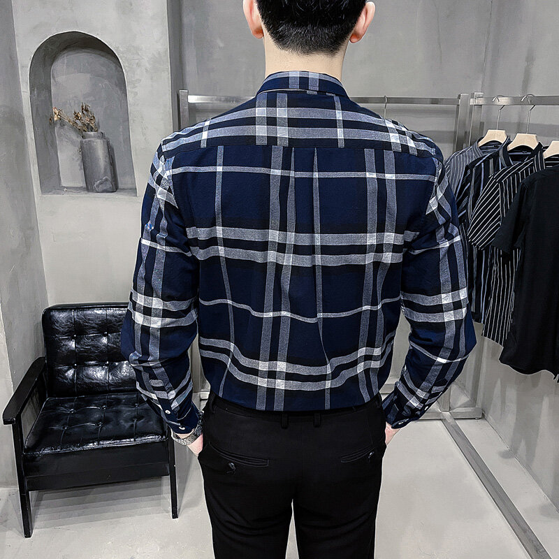 Camisa masculina da luva longa da xadrez de oxford para o lazer do negócio na primavera; roupa pura da polegada do algodão; camisas masculinas não-passando da forma