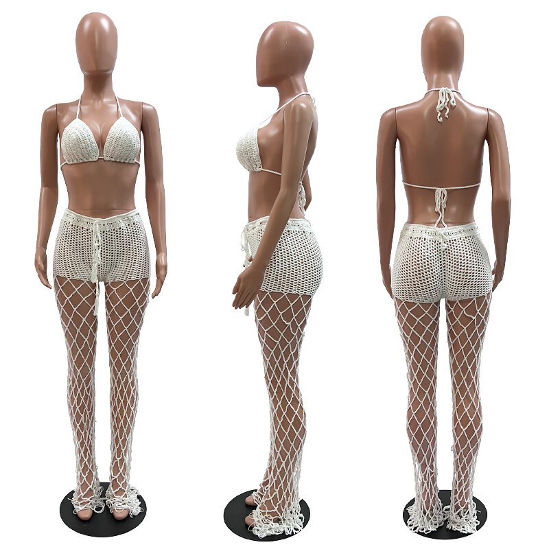 Fishnet Bikini Set Cover-ups for Women 2022 Summer Holiday Beach 2 Piece Set Halter Neck Crop Top Knitted Pants Matching Suit