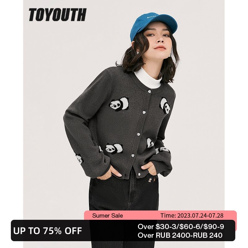Toyouth Women Knit Cardigan 2022 Autumn Long Sleeves O Neck Loose Sweaters 3D Panda Print Warm Comfort Casual Chic Tops