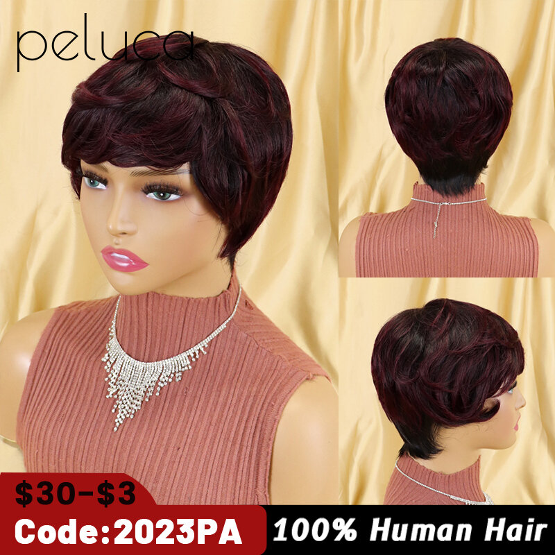 Wig Rambut Manusia Lurus Wig Bob Pendek dengan Poni Wig Depan Tanpa Renda untuk Wanita Wig Potongan Pixie Warna Alami Buatan Mesin Penuh