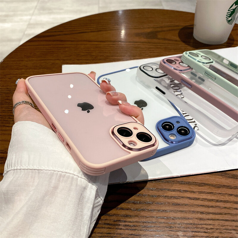 Transparent Acrylic Silicone Armor Case For iPhone 14 13 Pro Max Metal Lens Protective Cover for iPhone 11 Case Shockproof cover