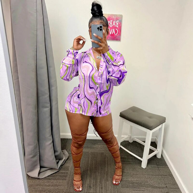 Shirt Coat + Short Pants Loose Streetwear Matching Set Clothes For Women Outfit Casaul Print Tracksuit Two Piece Set