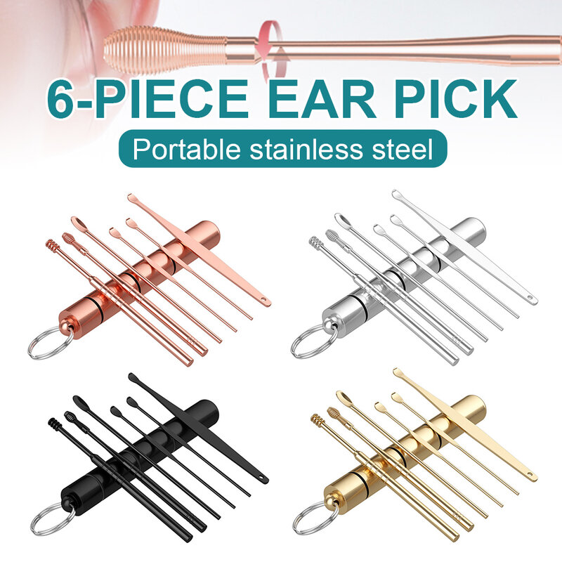 6 Pcs/set Ear Wax Removal Cleaner Durable Stainless Steel Spiral Ear Pick Spoon Multifunction Portable Ear Care Beauty Tools