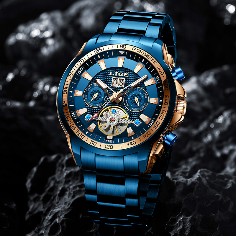 LIGE นาฬิกาข้อมือนาฬิกาผู้ชายอัตโนมัติกันน้ำ Sapphire Glass Top แบรนด์แฟชั่น Diver นาฬิกา Relogio Masculino