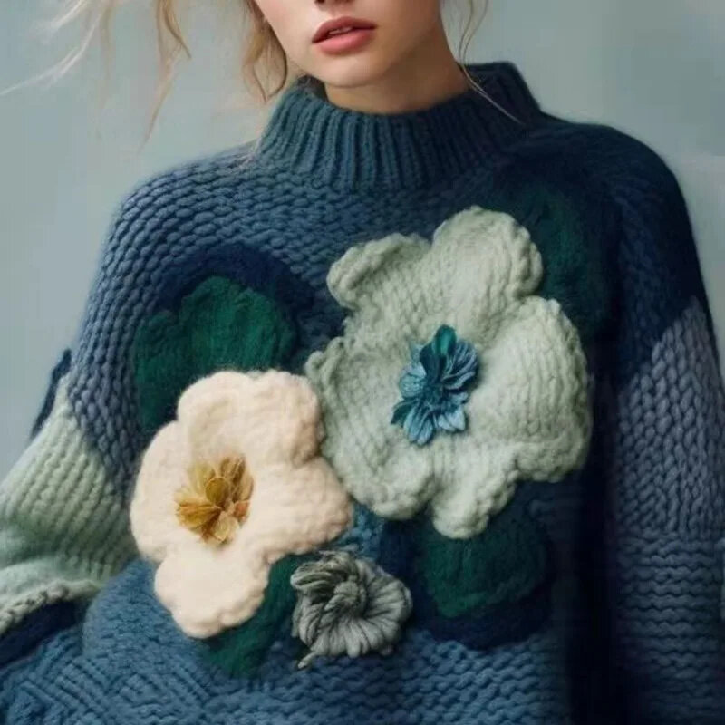 المرأة المتضخم الأمريكية Sweaters محبوك البلوزات ، الأزرق الأزهار تصميم ، فضفاض الشتاء البلوفرات ، شيك البلوزات ، 4XL