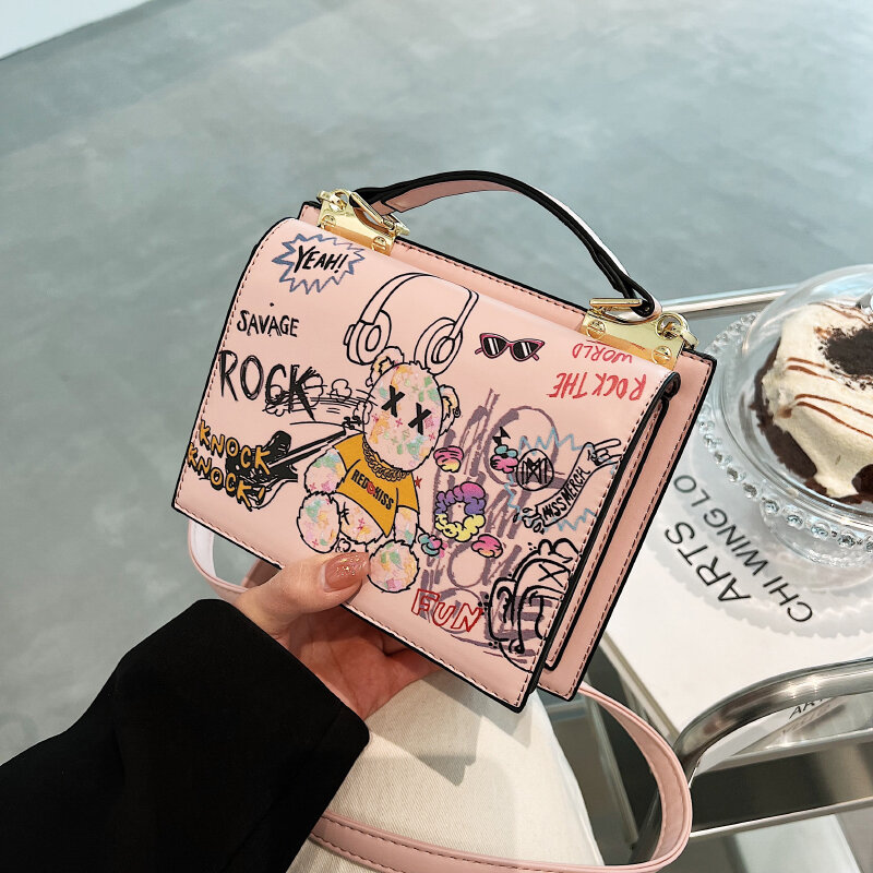 Женская вечерняя сумка в стиле хип-хоп с граффити, модная кожаная сумка на плечо, Женская квадратная маленькая сумка, милая сумка через плеч...