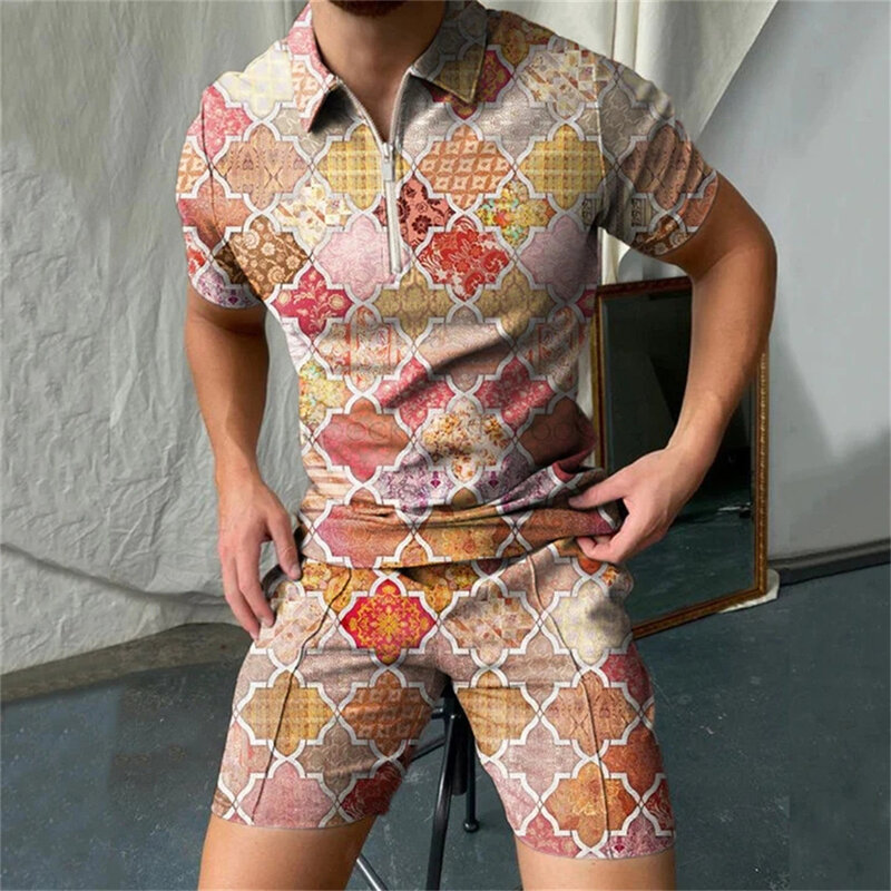 メンズファッショナブルな半袖ポロシャツとパンツ,3Dプリント,カジュアルサマーウェア,Vネック,ジッパー,2ピース