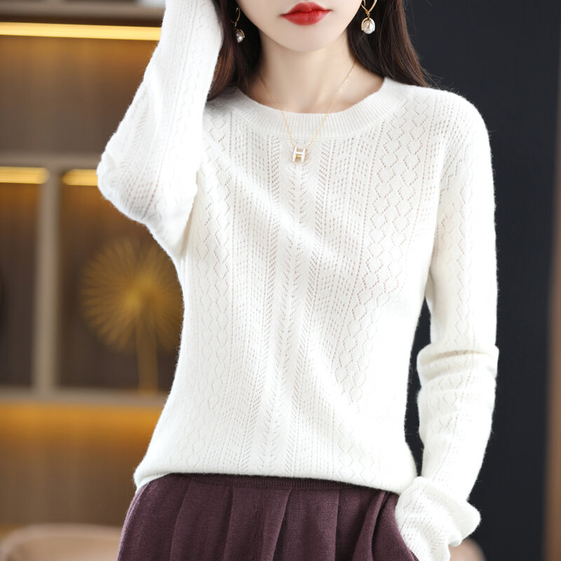 Suéter de lana pura para mujer, Jersey hueco de cuello redondo, tejido de manga larga, Base de Color sólido, otoño e invierno, nueva versión coreana