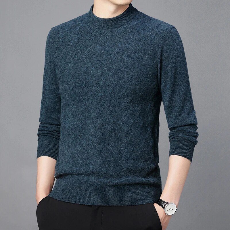 Winter Men's Young and Middle-Aged Sweater Half Turtleneck Men's Knitwear Twisted Thickened Keep Warm Pure Color Woolen Sweater