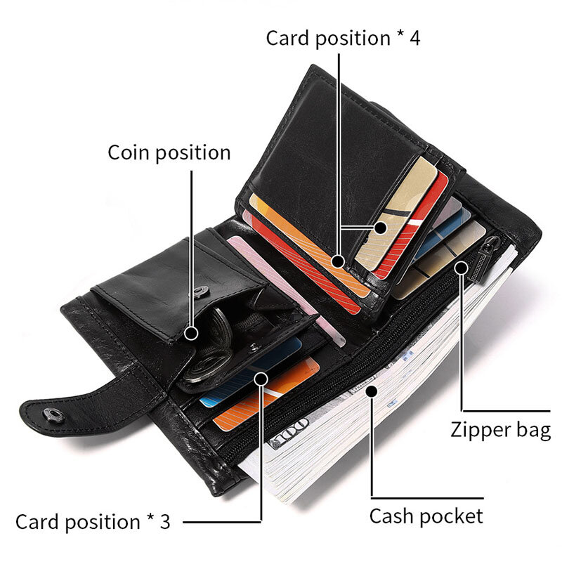 Cartera de cadena con cremallera Vertical para hombre, billetera Vintage de cuero genuino para hombre, con bloqueo RFID, tarjetero para identificación de negocios