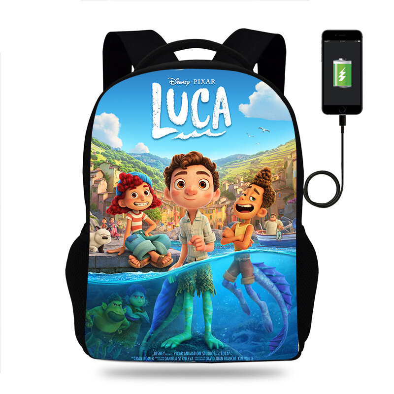 Genuíno disney novo luca mochila das crianças anime alberto mar monstro saco de escola com fone de ouvido jack cabo dados viagem mochilas
