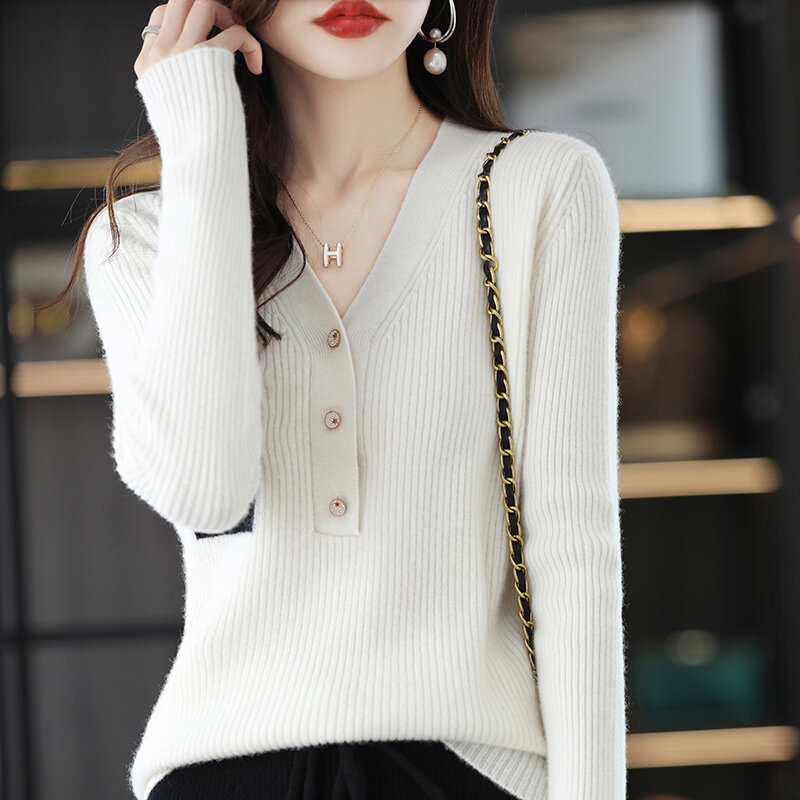 2022 nova camisola feminina pulôver de lã pura com decote em v outono e inverno quente solto all-match manga comprida exterior wear versão coreana