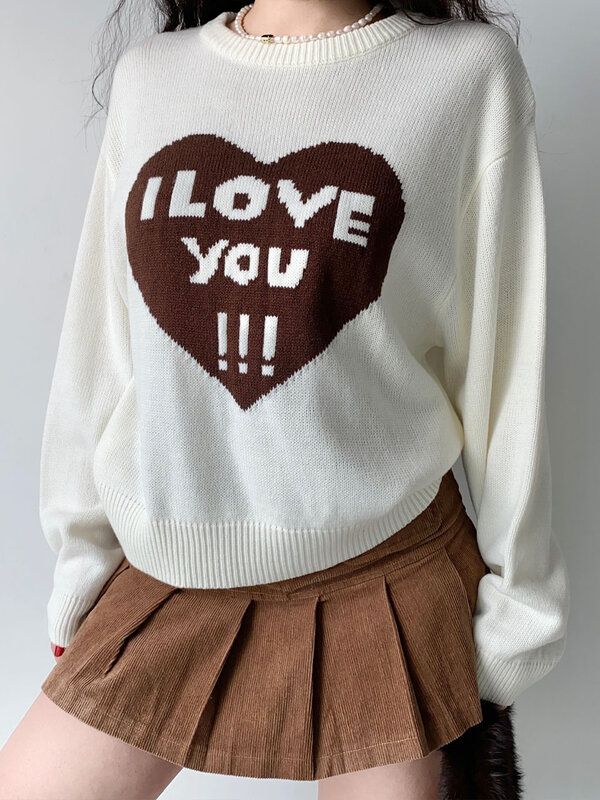 Женский свитер с надписью Heart I LOVE YOU, Свободный Повседневный пуловер в стиле хип-хоп, Осенний вязаный свитер с длинным рукавом
