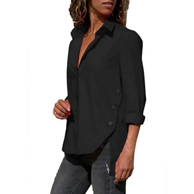 女性のカジュアルな折り返し襟,裾とサイドボタンの装飾シャツ