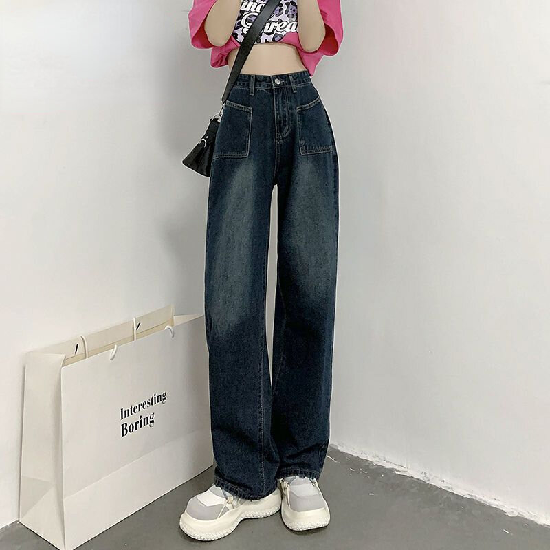 Koreański styl jeansy w stylu Retro 2022 nowy wysokiej zwężone cienkie niszowe luźne prosta szeroka nogawka spodnie damskie