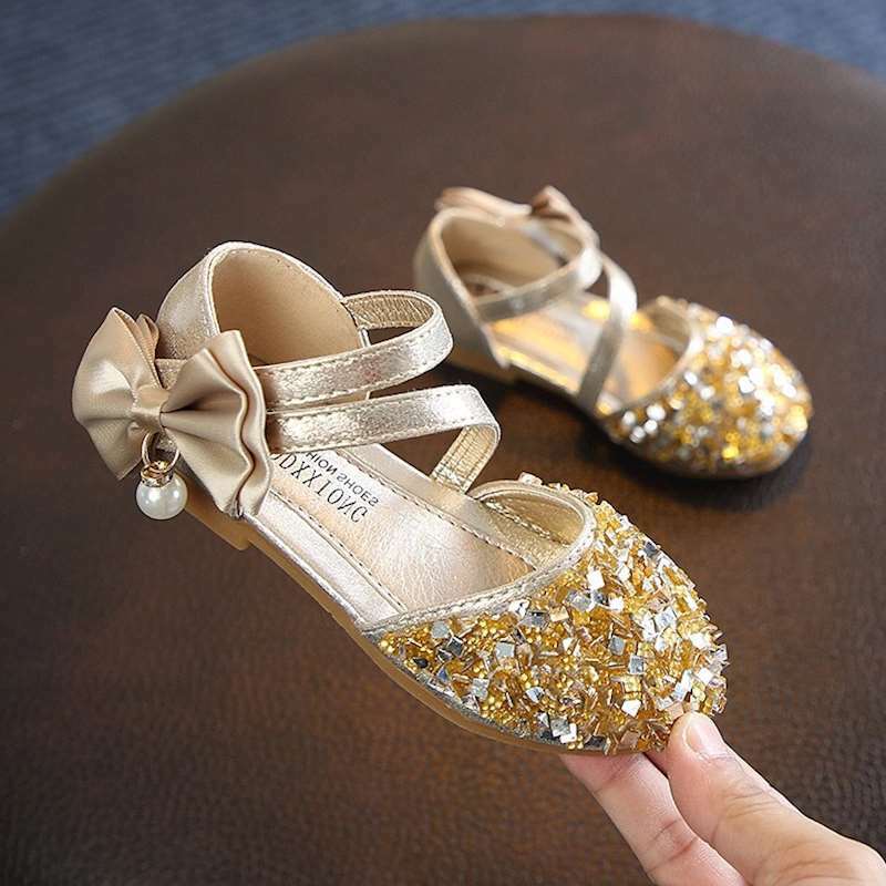 حذاء الأميرة مع فيونكة للبنات ، صندل صيفي مسطح ، كريستالات ناعمة ، قلادة حجر الراين