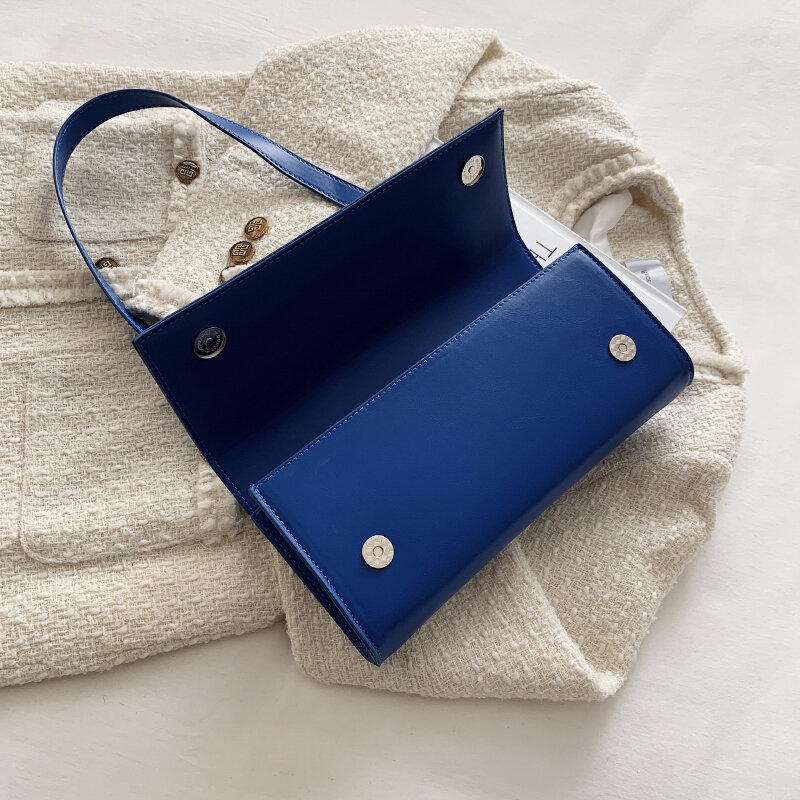 Bolso de hombro de piel sintética para mujer, bolsa de hombro lisa y rectangular, de alta calidad, color azul, a la moda