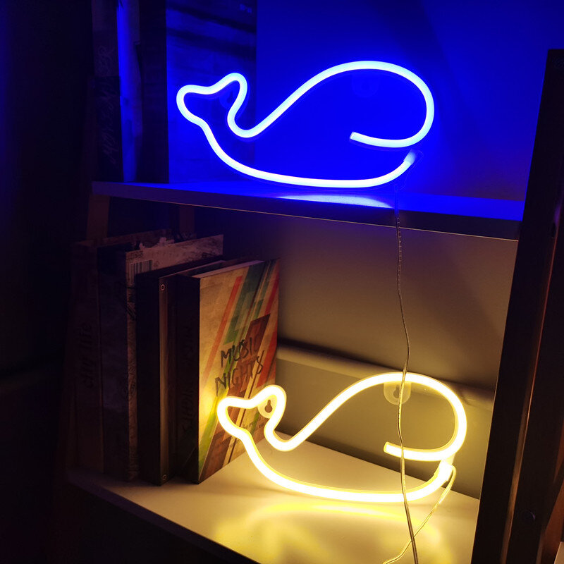 Luces LED de señal de neón de ballena para pared de dormitorio, lámpara de noche con batería USB, ambiente, regalos para niños, decoración de habitación de fiesta de Navidad en casa