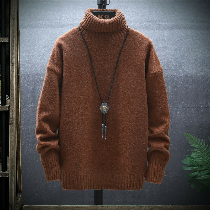 Sweater Pria Musim Dingin Turtleneck Sweater Bulu Kasmir Tren Versi Korea Sweater Bottoming Longgar Pakaian Ramping Kasual Pria