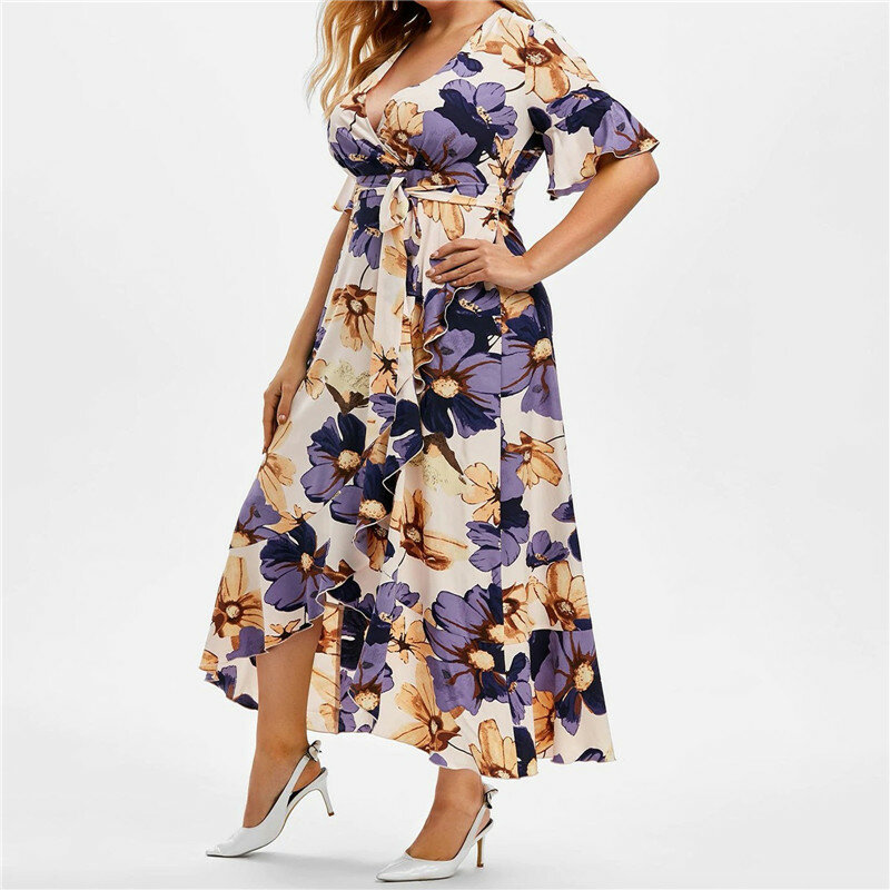 Plus size vestido feminino bohemia floral casual a line vestido de verão manga curta solta rendas até irregular maxi vestido senhora vestidos