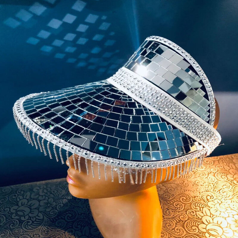 Nova moda clássico bola de discoteca festival viseira chapéu vidro glitter disco boné espelho disco chapéu para dj clube palco bar festa dança chapéu