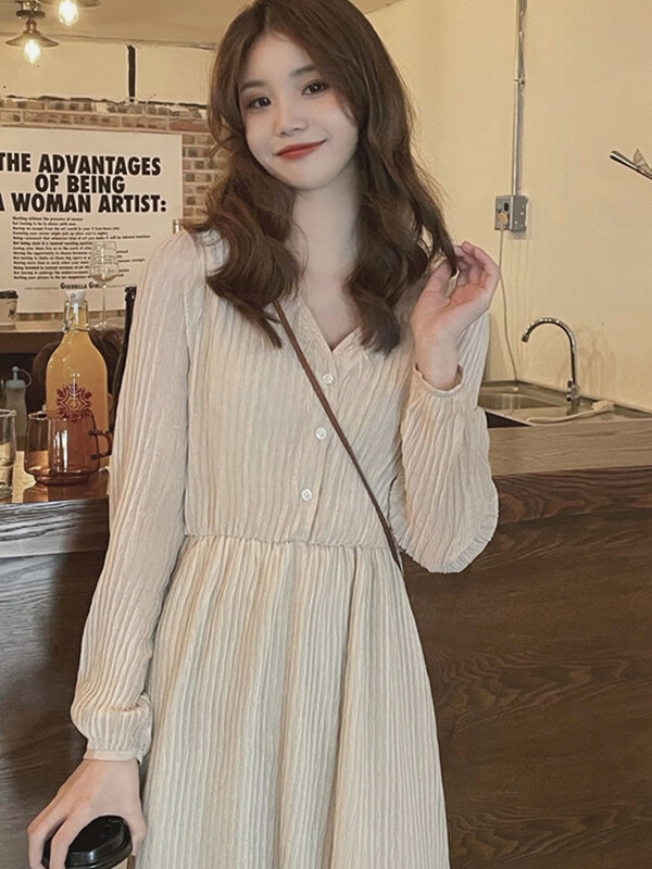 Vestido de punto con cuello en V para mujer, Falda plisada de gasa de cintura alta, manga larga, estilo coreano, 2022