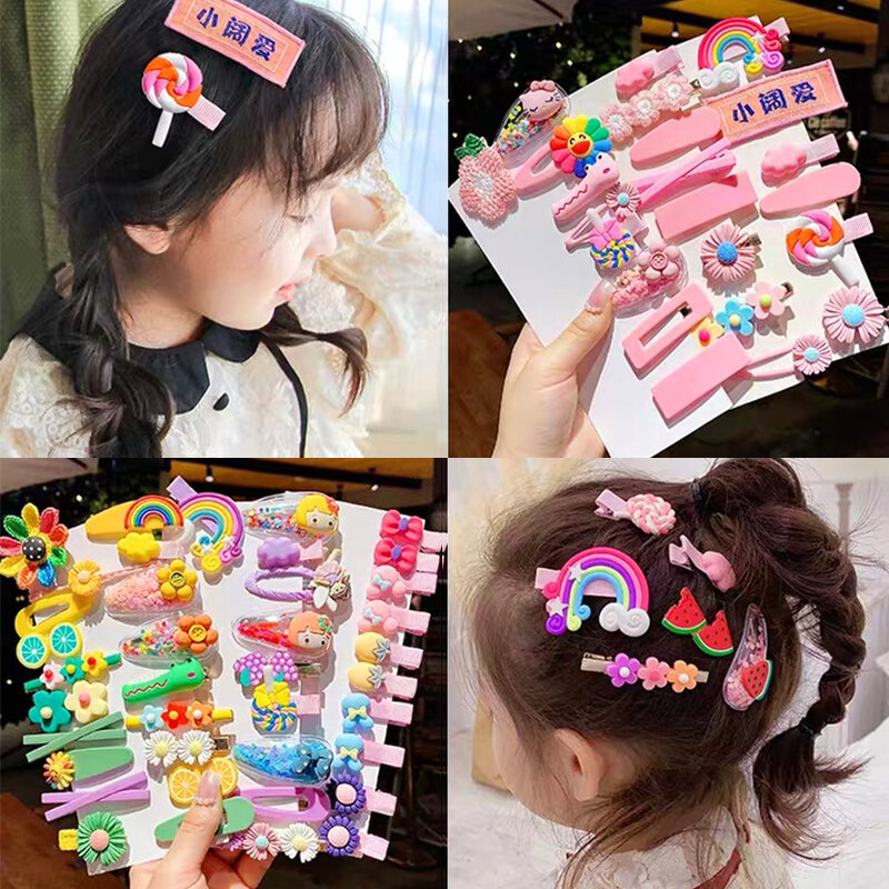 14Pcs Girls Cute Hair Clip Set Rainbow Fruit Cartoon Hair Bands Hair Accessories Headwear Hairpins Cartoon Hairpin Headdress New