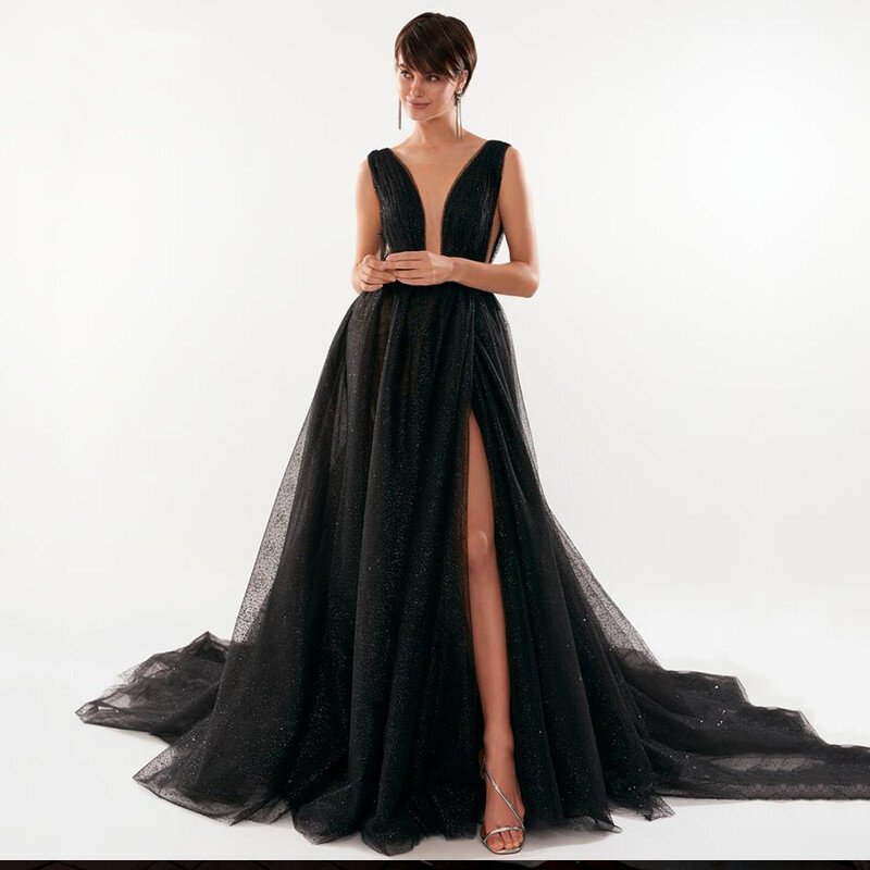 BridalAffair Glitter Prom Dresses 2022 V-Neck Tulle Black Long Wedding Party Arabic Evening Gown Celebrity Dress for Graduation