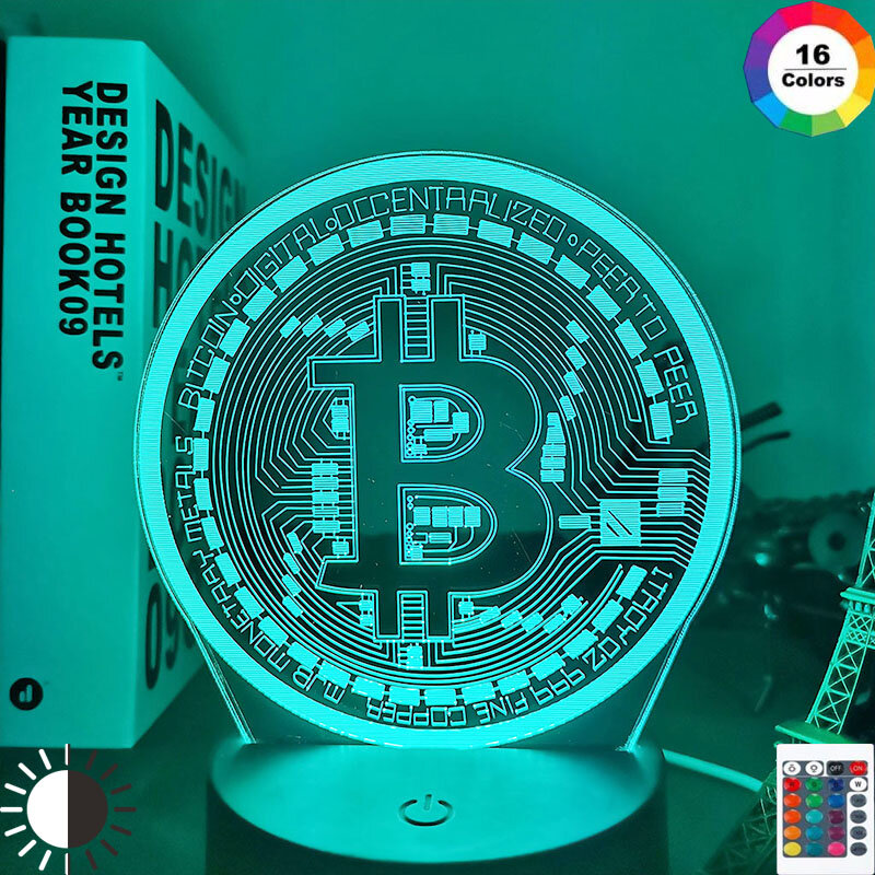 아크릴 Led 야간 조명 Bitcoin 방 장식 야간 조명 터치 센서 7 색 변경 배터리 전원 테이블 야간 램프 3d