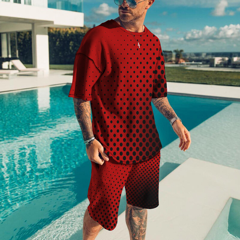 Kaus Mode Setelan Pria Baru Musim Panas + Set Celana Pendek Pantai Pakaian Olahraga Gambar 3D Leher O Kualitas Tinggi Pria 2 Potong Streetwear