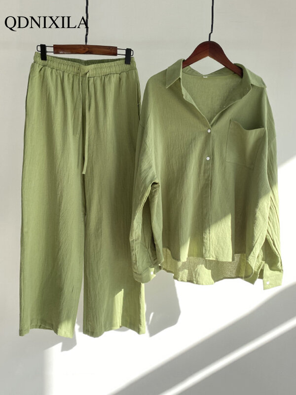 2022 Summer Autumn Cotton Linen Women's 2 Piece Sets Outfits Vintage Elegant Casual Oversized Loose Shirts Blouses and Pants Set