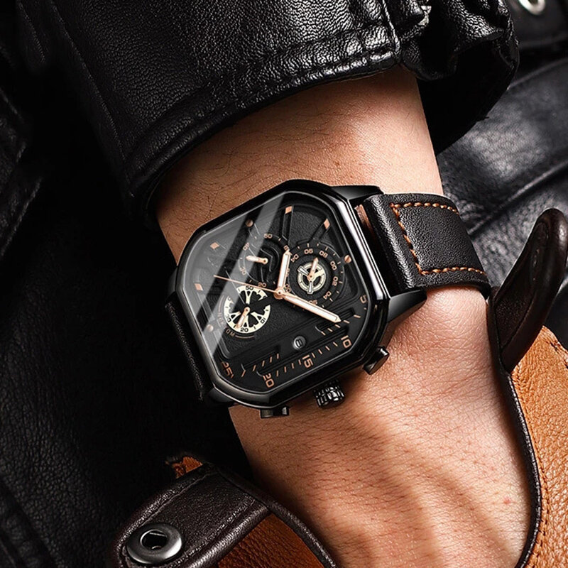 Chronograaf Relogio Masculino 2022 Horloges Voor Mannen Multifunctionele Rose Goud Quartz Horloge Lederen Luxe Horloges