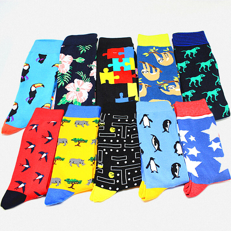 25 Style New Hiphop Cotton Men Socks Harajuku Happy Funny Animal Plant Hound Penguin Dress Socks For Male Wedding Christmas Gift