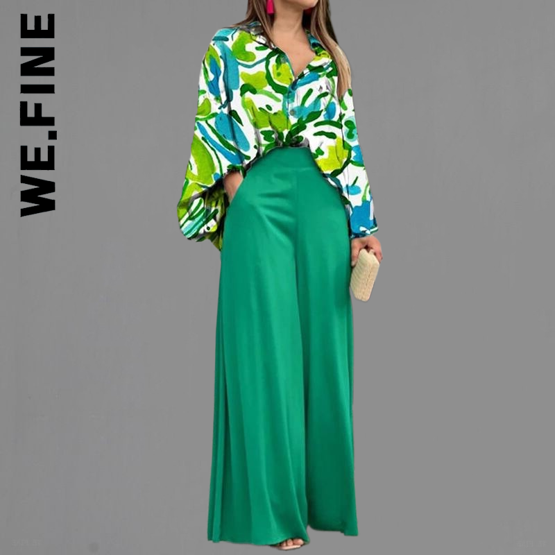 We.Fine Solid Color Womens Puff Sleeve Shirt Office Long Outfit Wide Leg Pants Fashion Two Piece Sets Sexy High Streetwear