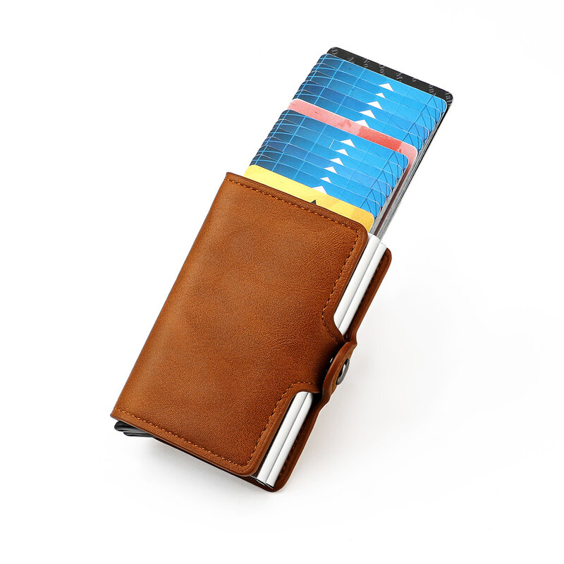 Tarjetero con bloqueo RFID para hombre y mujer, billetera de Metal con doble caja, tarjetero de cuero de fibra de carbono