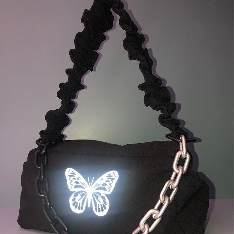 Светоотражающая сумка на одно плечо с бабочкой, дизайнерская черная дамская сумочка на цепочке, модная дамская сумка на плечо