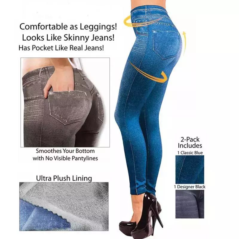 Dopasowane legginsy damskie z pluszową wyściółką zimowy sztuczny Jeans Jeans leginsy 2 prawdziwe kieszenie moda Fitness legginsy wysokiej talii ołówkowe spodnie