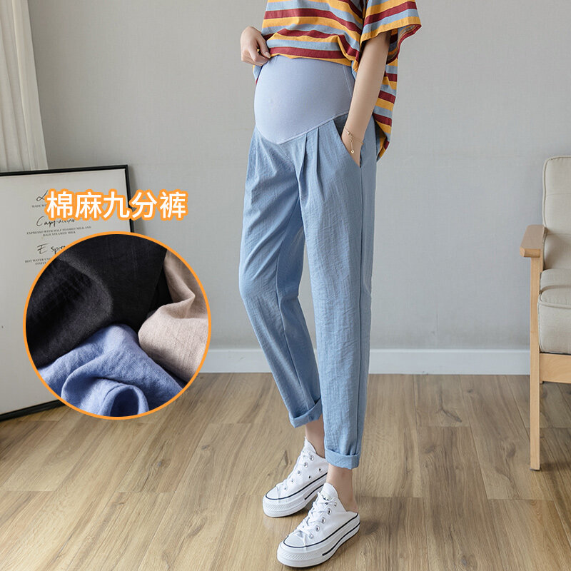 3128# Summer Thin Cotton Linen Maternity Pants Belly Casual Straight Loose Pants Clothes for Pregnant Women Pregnancy Trousers