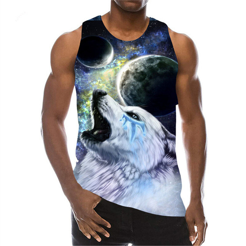 Sleeveless Animal Tank 3D Print Wolf Pattern Streetwear Tops Gradient Loose Casual Oversized Vest Round-Neck 6XL Plus Size Top
