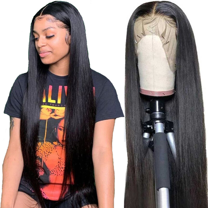 Remy-pelucas de cabello humano liso con encaje Frontal, postizo de encaje transparente 13x4, pelo brasileño liso 28 30 4x4