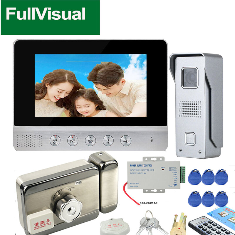 Fullvisual 7นิ้วประตูวิดีโอโทรศัพท์ Doorbell กล้องล็อคอิเล็กทรอนิกส์ Home Intercom ระบบ3A แหล่งจ่ายไฟ Dual Way Talk