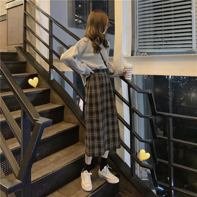 Elástico xadrez imprimir verão vintage feminino midi saia longa streetwear mulheres de cintura alta marrom escuro divisão magro coreano saias de lã