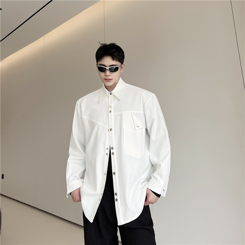 Camisas masculinas chique original designer irregular bolsos camisa de manga longa fivela de metal queda oversize topo japão estilo roupas masculinas